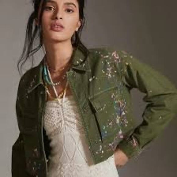Pilcro by Anthropologie Jackets & Blazers - Pilcro Anthropologie Cropped Utility Jacket XSP Moss Splatter Military Artsy Raw